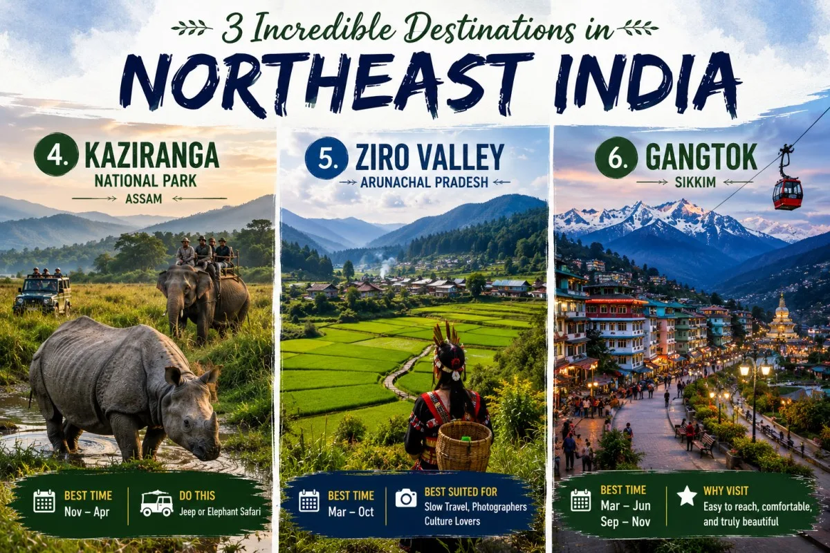Kaziranga National Park, Ziro Valley, Gangtok