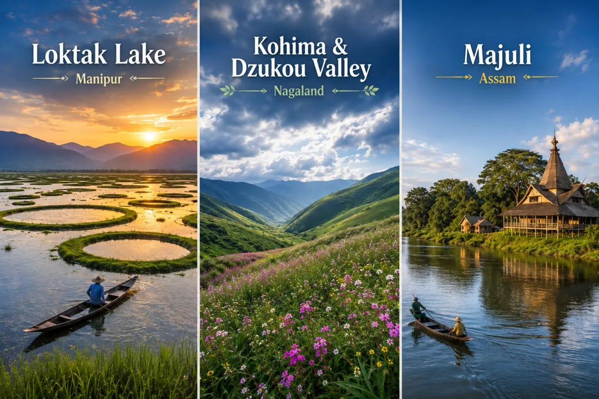 Loktak Lake, Kohima and Dzukou Valley,Majuli