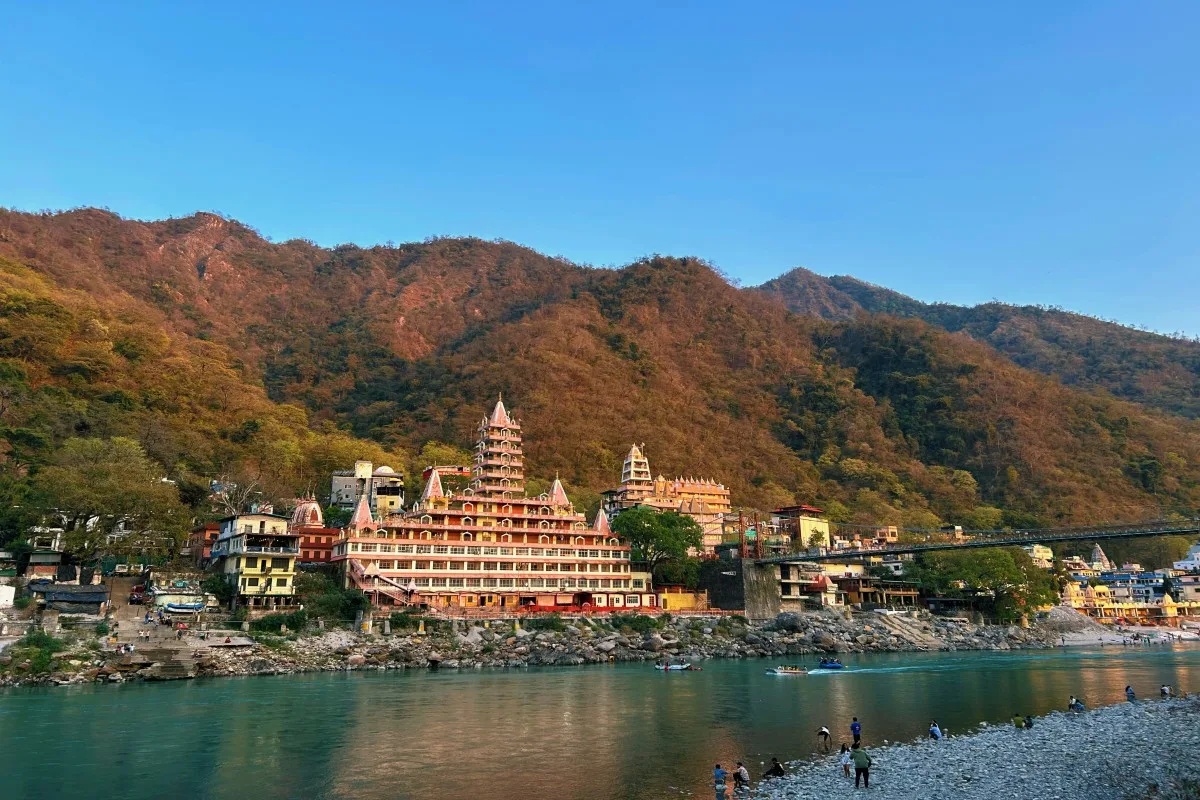 View of Ganga river embankment and Lakshman Jhula bridge
