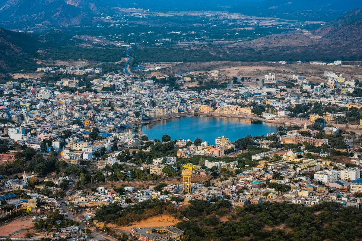 View of famous indian sacred city Pushkar with Pushkar ghats.
