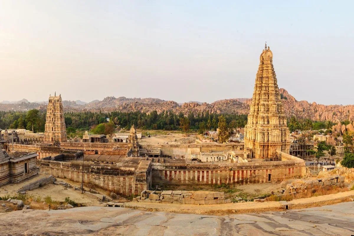 Panoramic of beautiful ancient ruins in Hampi