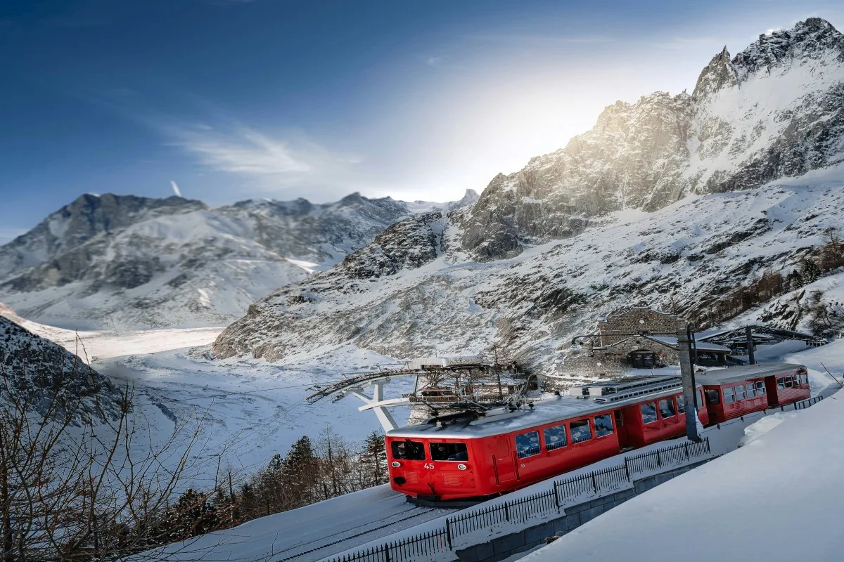 Scenic train ride in snow