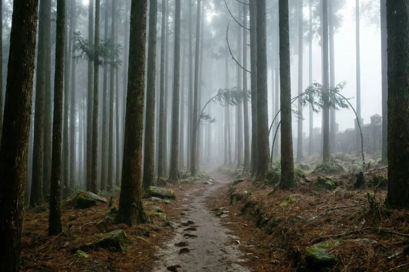 cold foggy forest view