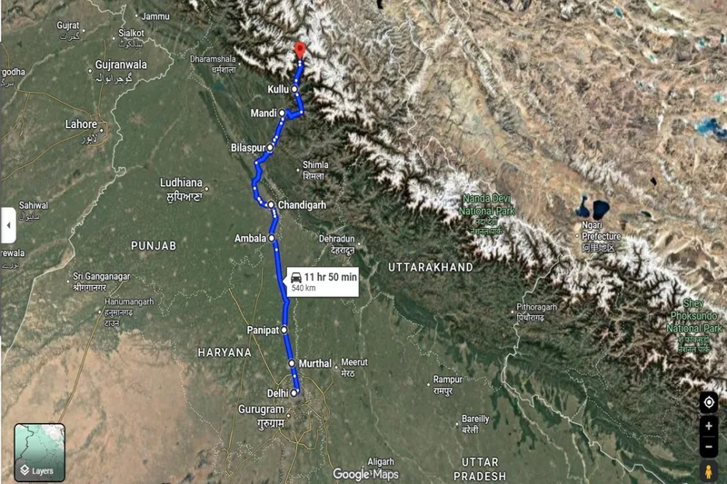 Road trip Route from Delhi to Manali