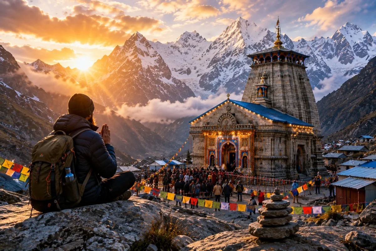 Kedarnath Trip Itinerary 2026 with Kedarnath Temple and Himalayan mountain views at sunrise