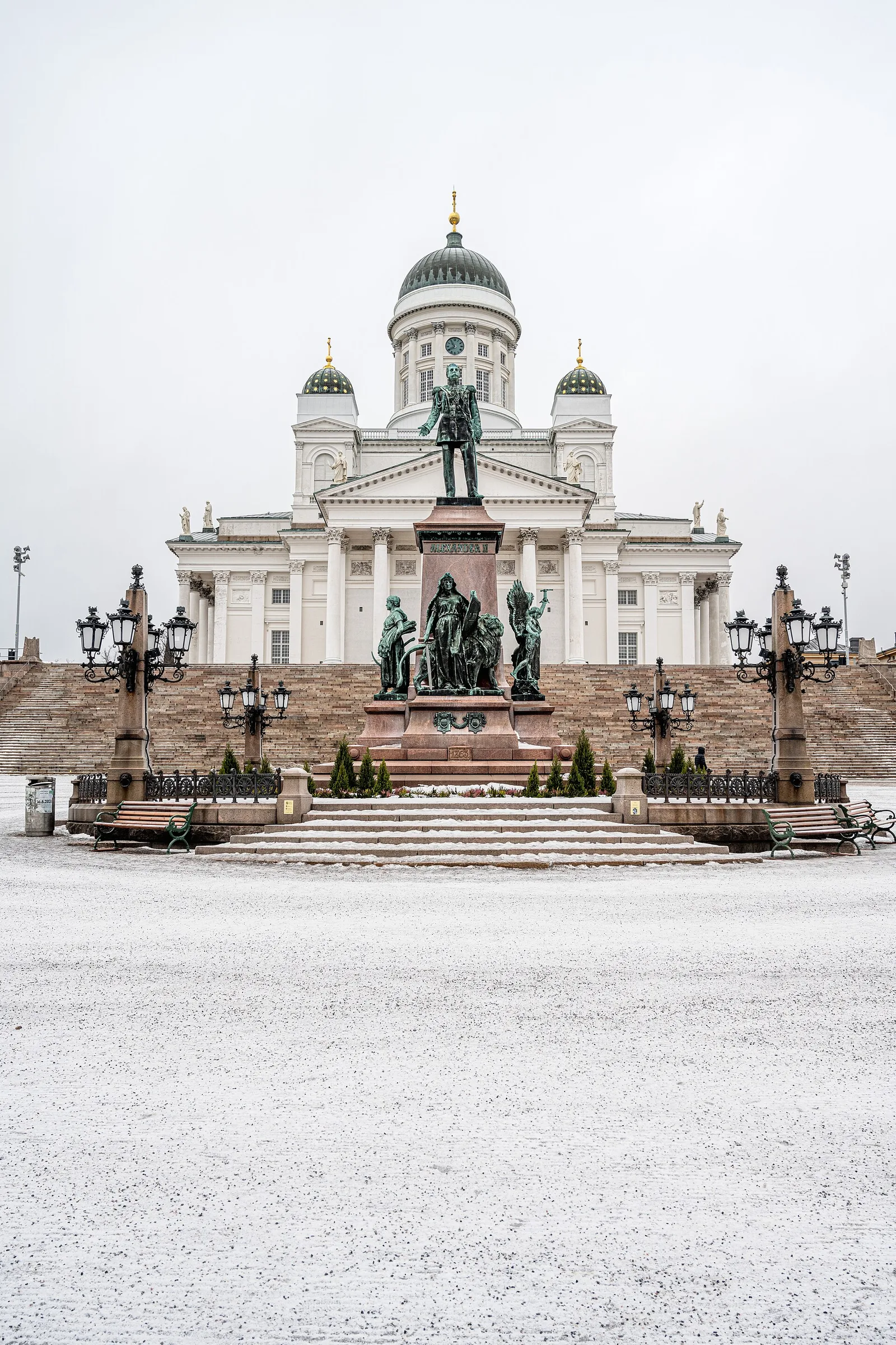 Helsinki Cathedral and the Alexander II monument in Senate Square in winter