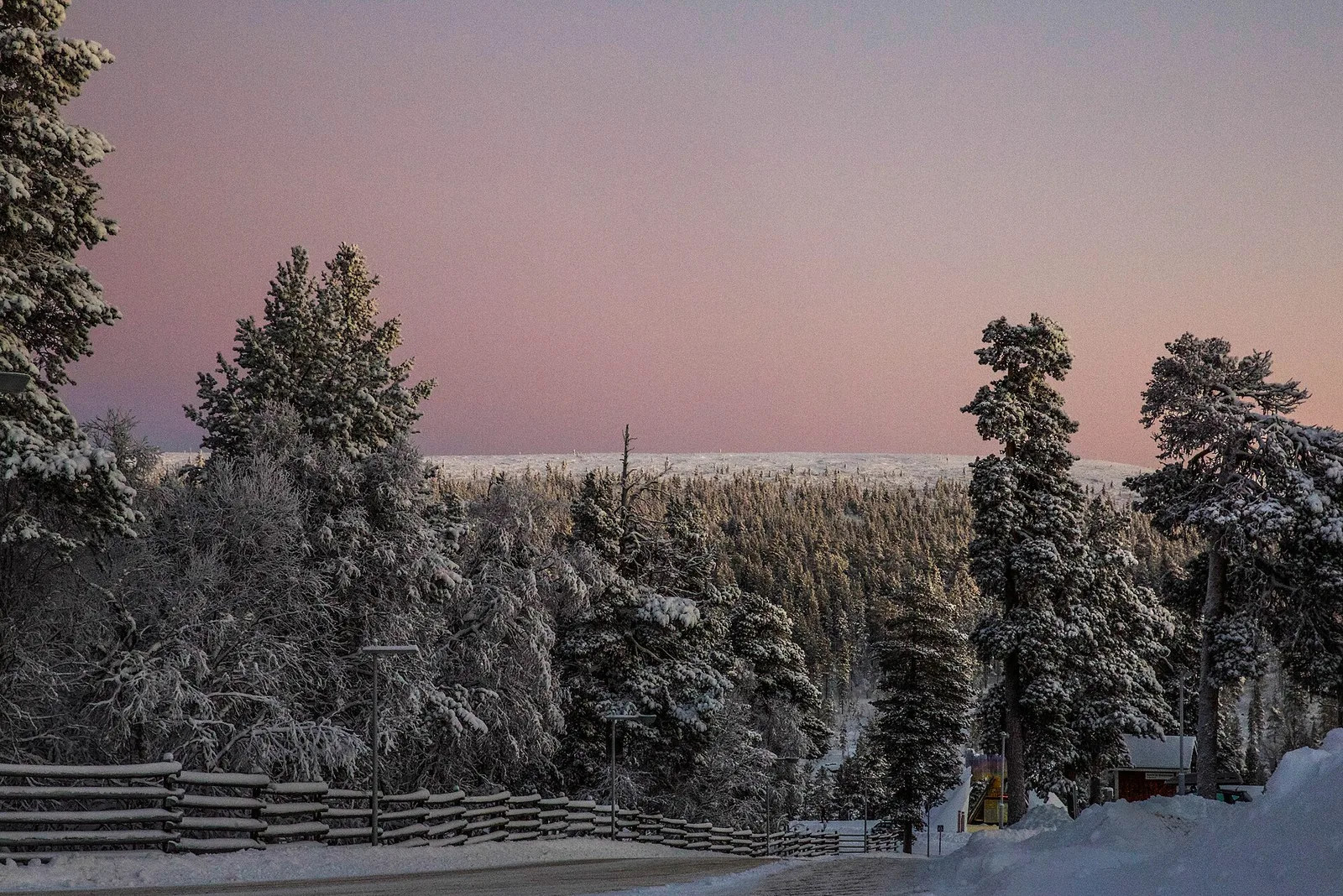 Snow covered fells and forest at Saariselka in northern Finnish Lapland