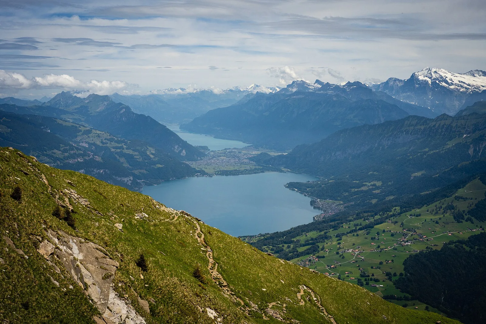 Lake Thun near Interlaken with the Bernese Alps behind, Switzerland