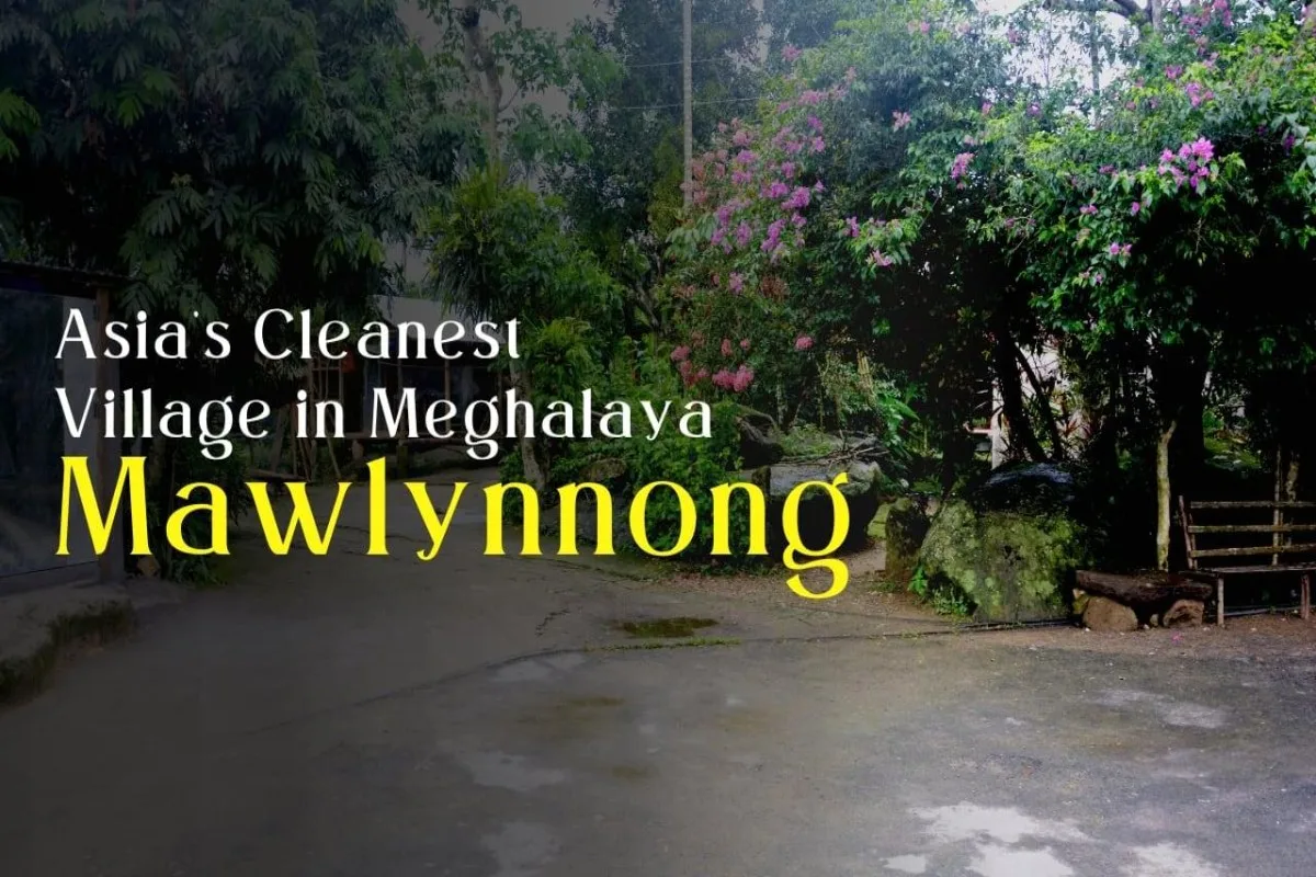 Mawlynnong village in Meghalaya featuring clean pathways, colorful gardens, and lush green surroundings.